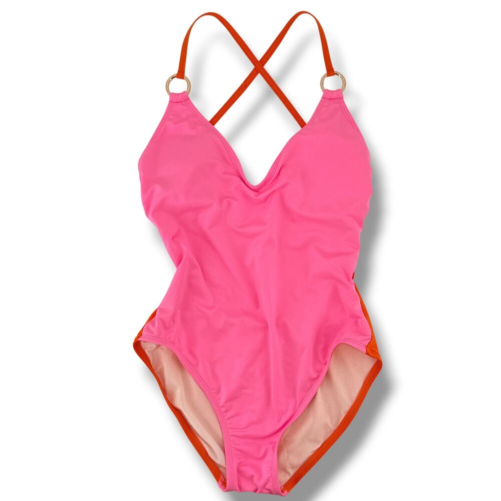 Kate Spade New York One Piece Colorblock Swimsuit Size XS Pink Orange Ring Strap
